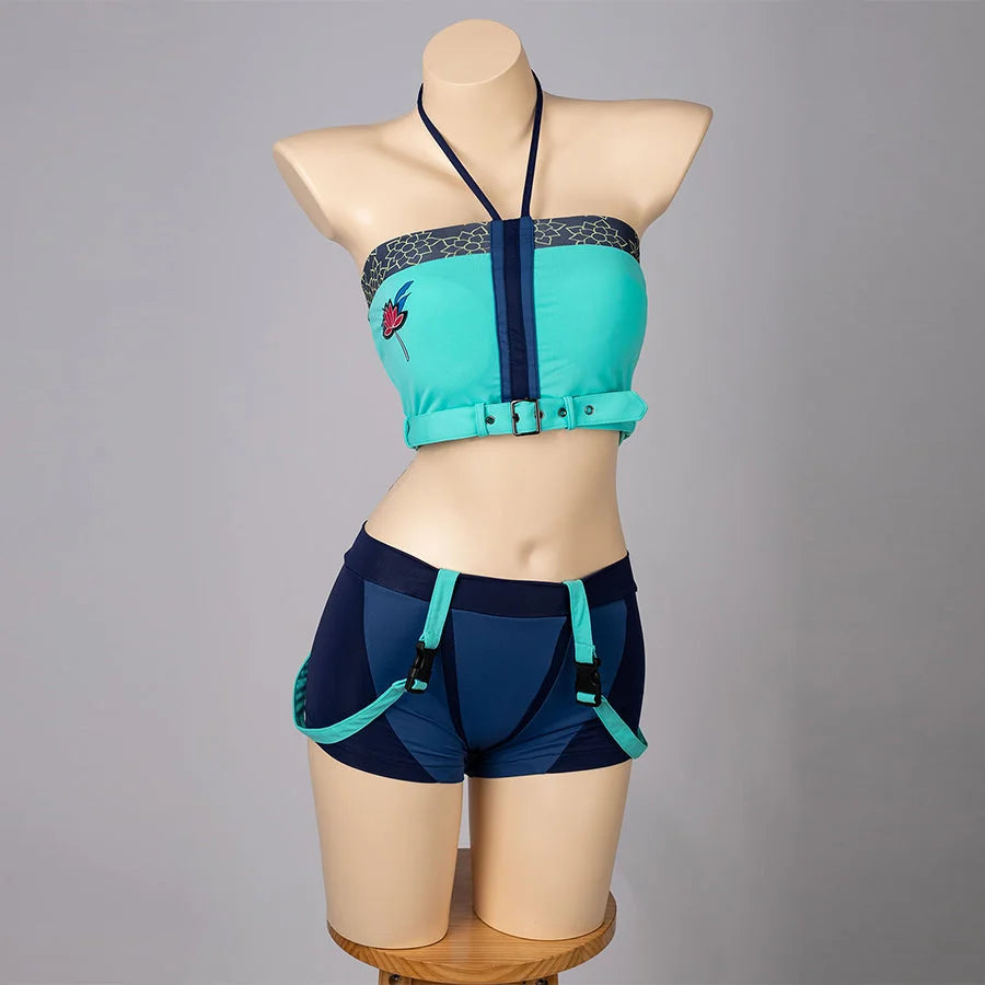 COSFUN Kpop Idol Zoey cosplay tankini pairs a teal halter top with navy shorts and strap accents.