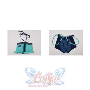 Zoey cosplay tankini flat lay separates the teal halter top from navy shorts and turquoise straps.