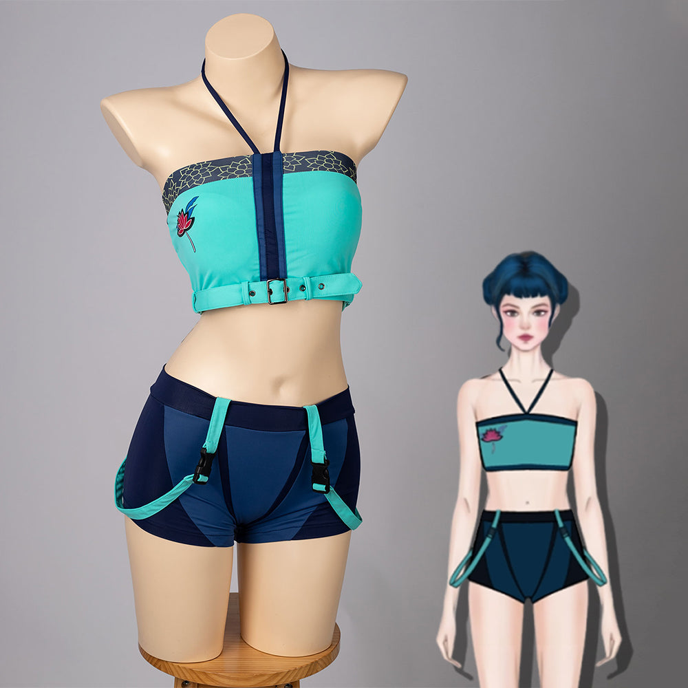 COSFUN Kpop Idol Zoey cosplay tankini pairs a teal halter top with navy shorts and strap accents.