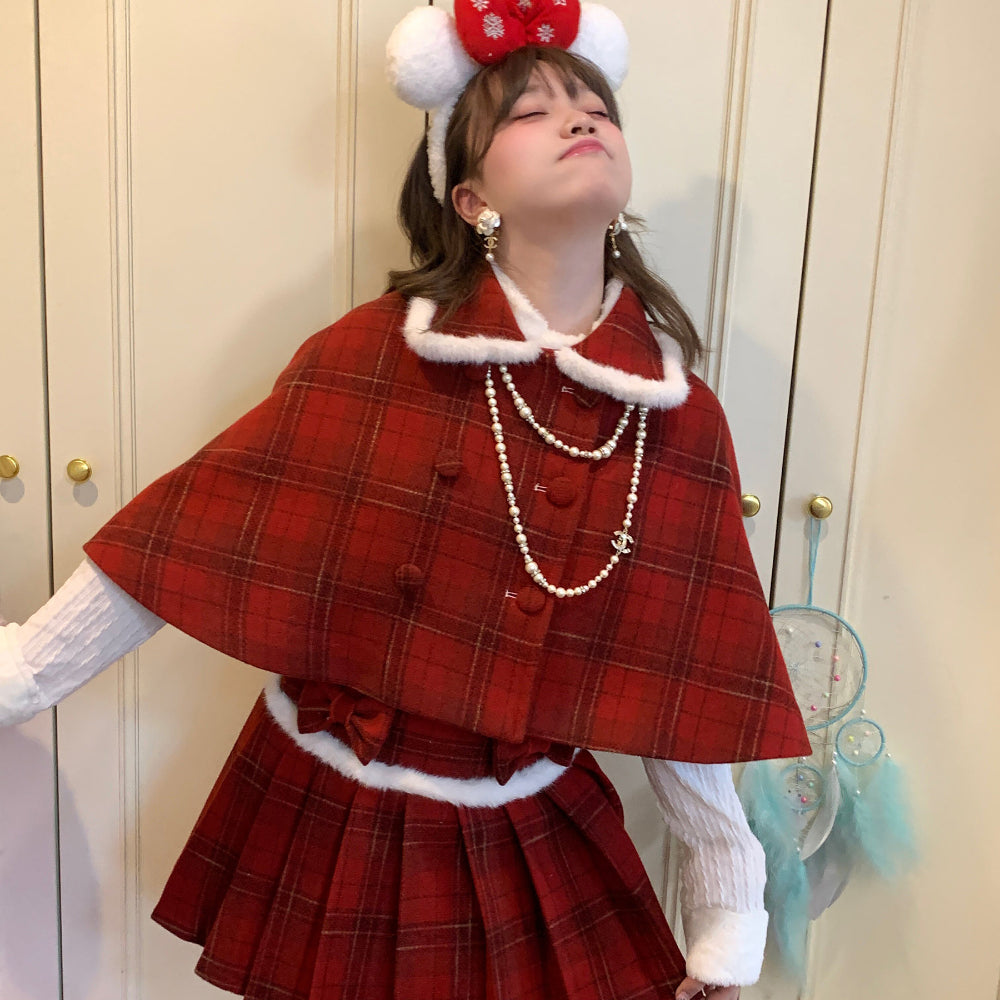 Red Plaid Sweet Genki Christmas Style Poncho Skirt Set