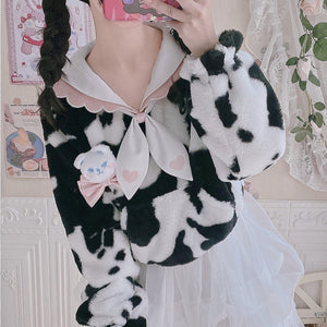 Autumn Winter Lovely Cow Lolita Woolen Hoodie