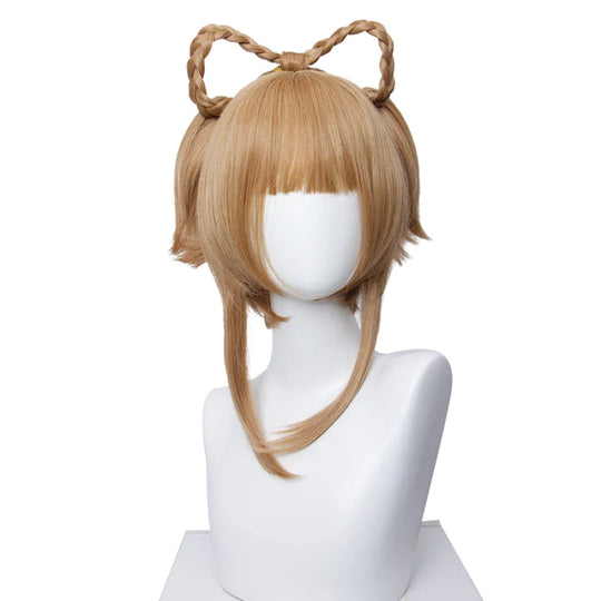COSFUN Genshin Impact Yaoyao cosplay wig pairs blunt bangs with two heart-shaped braids anchored at the crown.