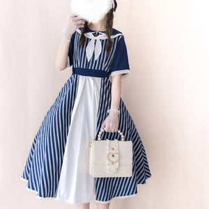 Summer Color Blocking Stripe Short-sleeved Dress