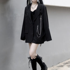 Black Suit Jacket Loose Chain Harajuku Style Casual Street Long Sleeve Suit S20624