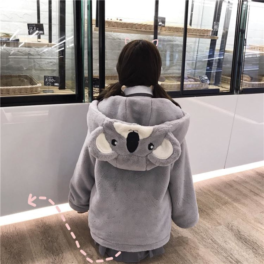 2020 Soft Sister Cute Koala Hood Faux Fur Gray Jacket J40539 - cosfun