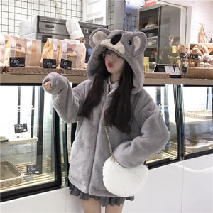 2020 Soft Sister Cute Koala Hood Faux Fur Gray Jacket J40539 Hoodie