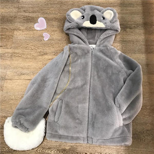 2020 Soft Sister Cute Koala Hood Faux Fur Gray Jacket J40539 Gray / S Hoodie