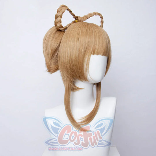 Genshin Impact Yaoyao cosplay wig balances soft bangs with a sculpted braided bow structure rising above the crown.
