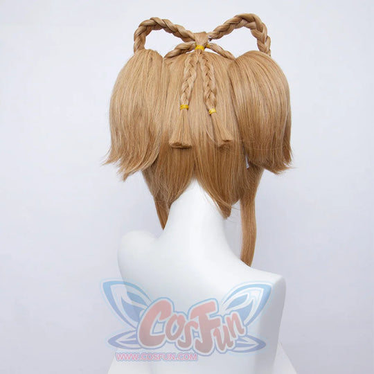 Genshin Impact Yaoyao cosplay wig traces a heart-shaped braid at the back secured by yellow elastic bands.