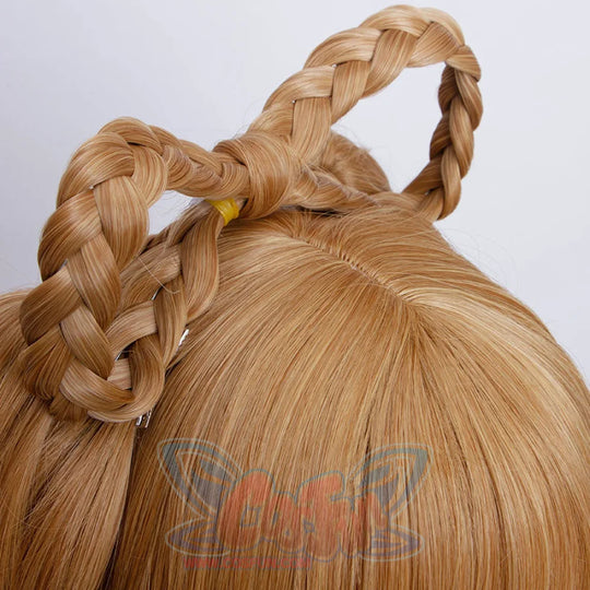 Genshin Impact Yaoyao cosplay wig layers large looped braids above the crown fastened by small metal clips.