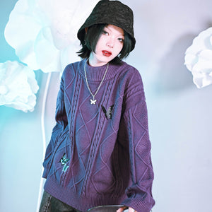 Autumn and Winter Vintage Purple Embroidery Loose Sweater