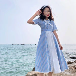 Summer Color Blocking Stripe Short-sleeved Dress