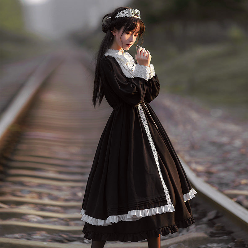Autumn Nun Style Black Long Dress