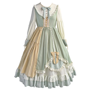Original Summer Checkered Stitching Long Lolita Dress S20462