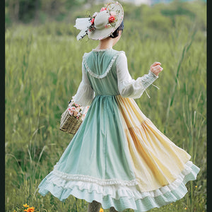 Original Summer Checkered Stitching Long Lolita Dress S20462