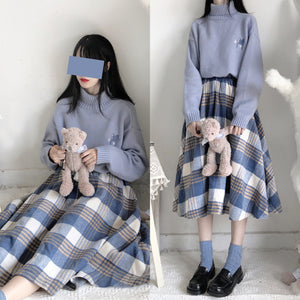 Japanese Style Tweed Soft Girl Plaid Thickened Suede Versatile Long Skirt Longuette