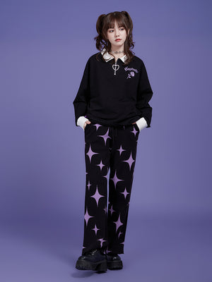 Black And Purple Star Sweet Style Knitted Pants Thick Pants