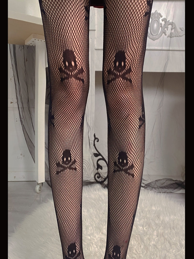 Black Punk Skull Panty-hose Sexy Girl Hollow Out Fish-net Leggings - cosfun
