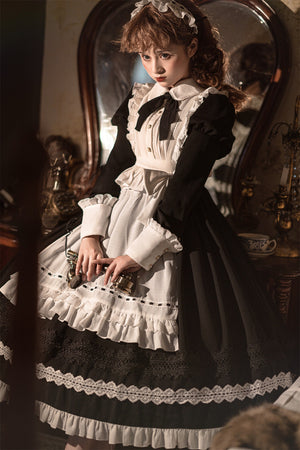Little Maid Outfit Lolita Detachable Apron Long Sleeve Dress S20639