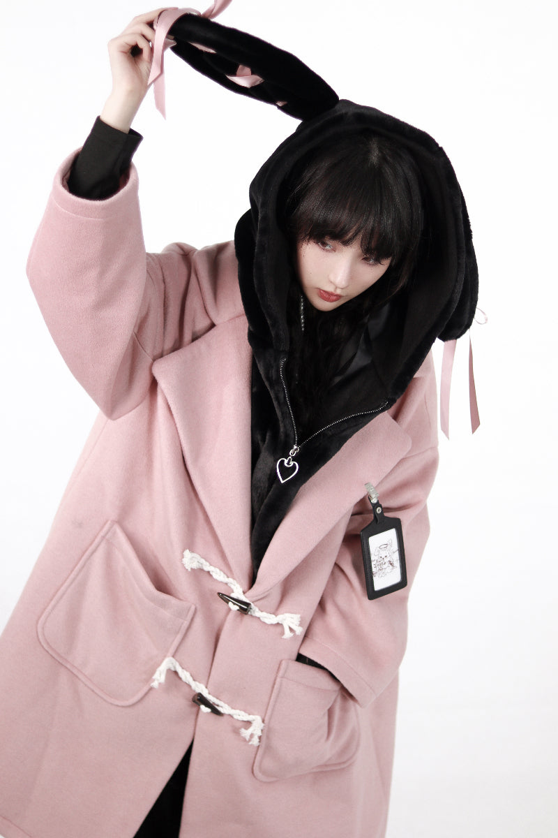Sweet Girl Ox Horn Buckle Fake Two-piece Hooded Coat