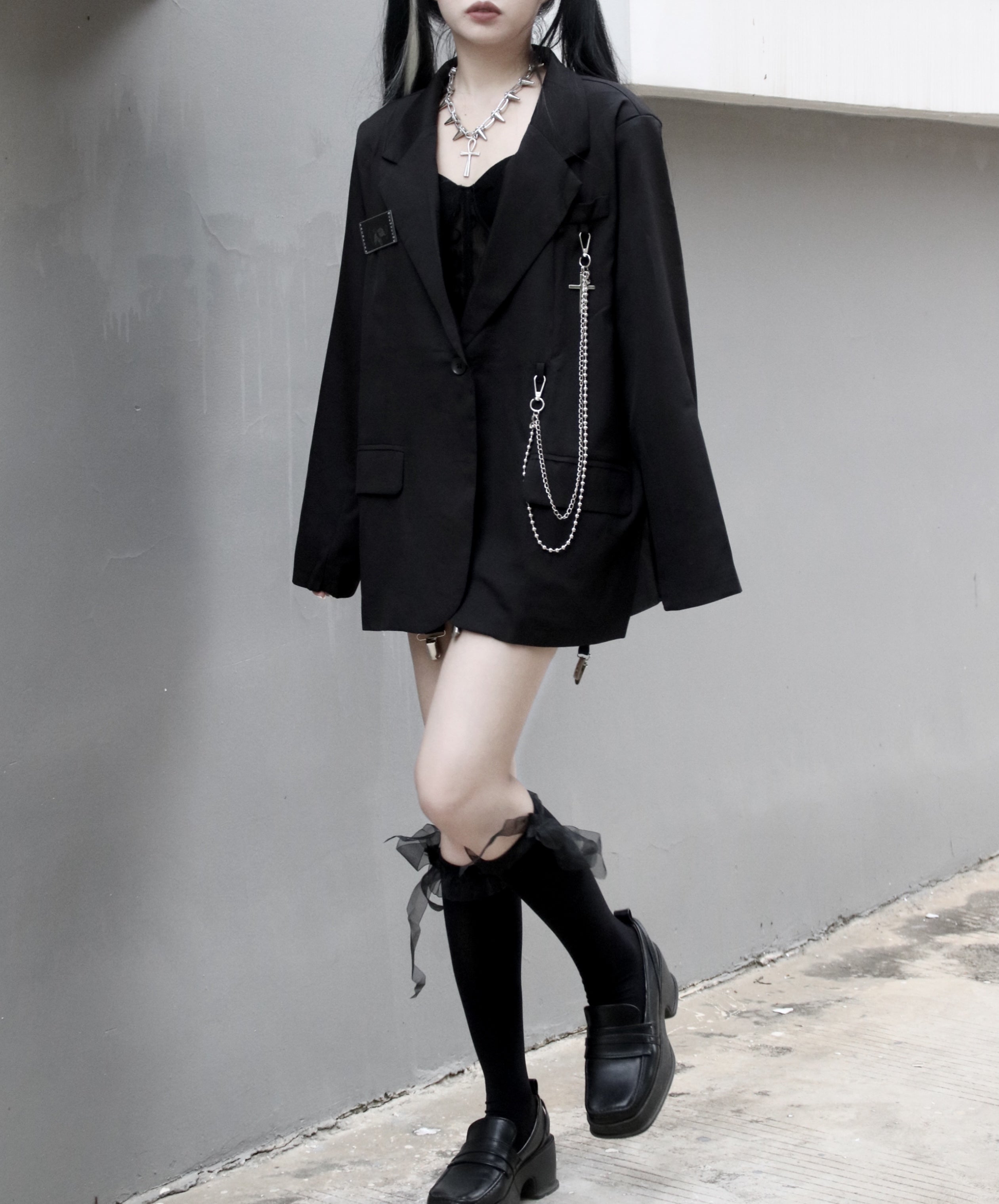Black Suit Jacket Loose Chain Harajuku Style Casual Street Long Sleeve Suit S20624
