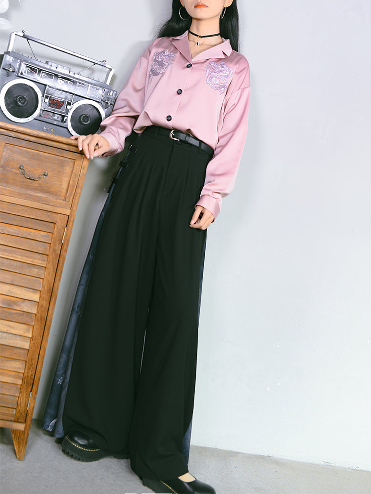 Chinese Style Stitched Wide Leg Pants Retro High Waist Hanging Feeling Loose Pants S20198
