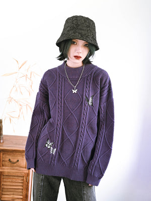 Autumn and Winter Vintage Purple Embroidery Loose Sweater