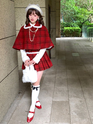 Red Plaid Sweet Genki Christmas Style Poncho Skirt Set