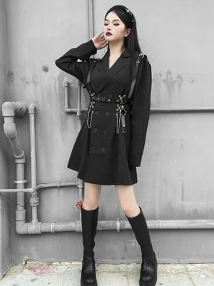 Punk Style Long Sleeve Black Suit Collar Dress