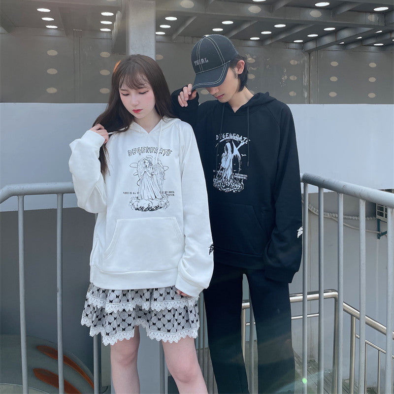 Couple's Cool Black And White Print Shoulder Hoodie