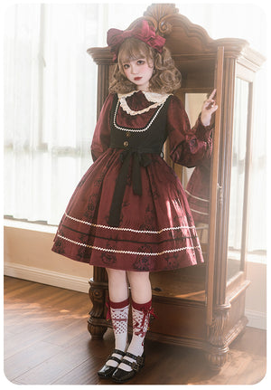 Autumn and Winter Velvet Printed Fake Two-piece Lolita Dress
