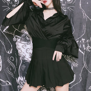 Black Autumn Girl Midriff Crop Top Flare Sleeves Niche Design Restore Shirt S20057
