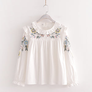 Sweet Lace Collar Floral Embroidery Long Sleeve Shirt