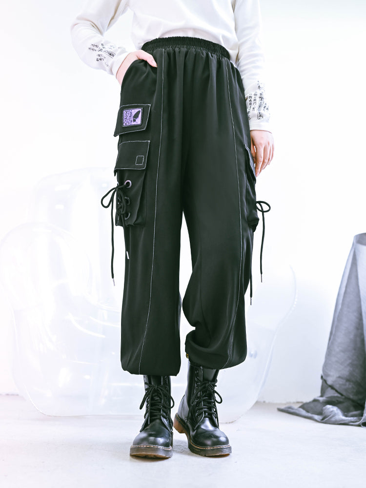 Fleece Lace-Up Cargo Pants Loose Black Drawstring Pants - cosfun
