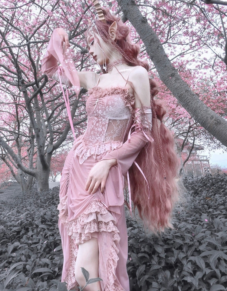 Summer Romantic Gothic Velvet Drawstring Pink Lace Suspender Dress S22015