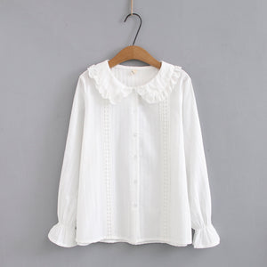Soft Girl Sweet Doll Neck Lace Flare Sleeve Hollow Out Shirt S22291