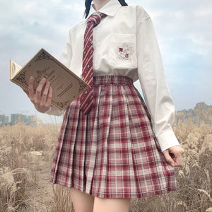 Soft Girl Versatile Wine Red Plaid Elastic Pleated Uniform Skirt