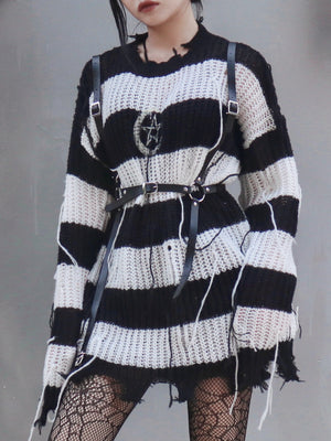 Dark Stripe Hole Knit Punk Street Pullover Round Neck Loose Sweater Girl