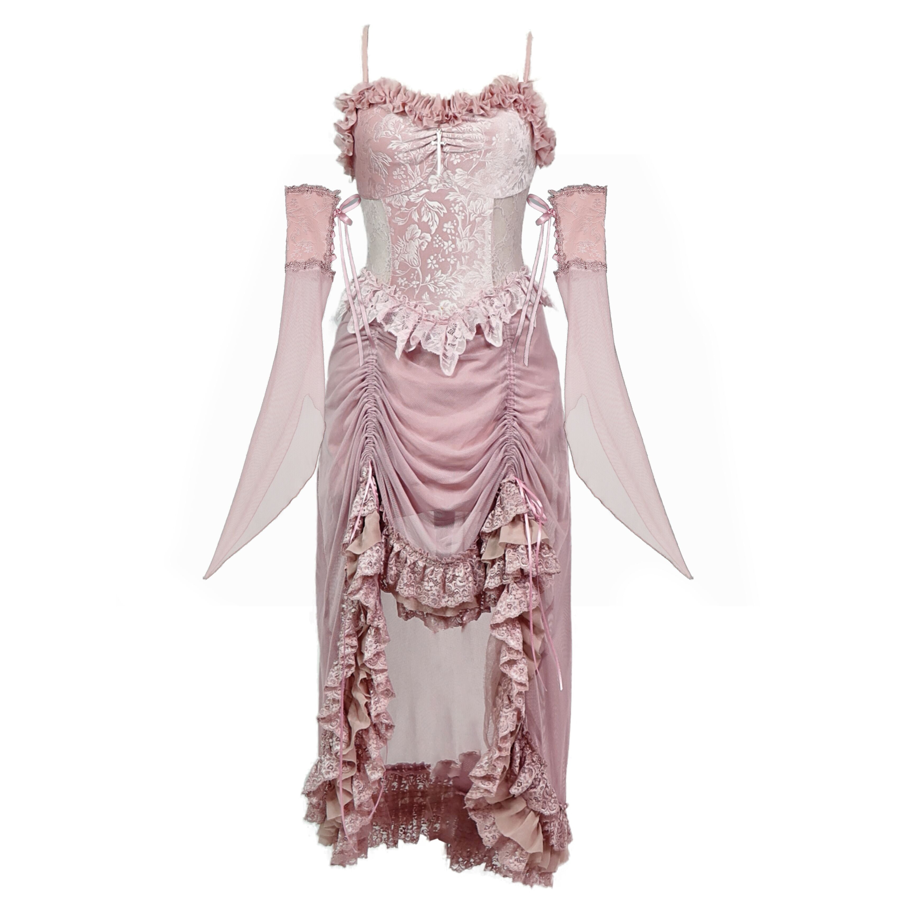 Summer Romantic Gothic Velvet Drawstring Pink Lace Suspender Dress S22015