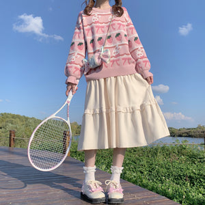 Soft Girl Sweet Corduroy High Waist Wooden Ear Pleated A-line Long Skirt S22054