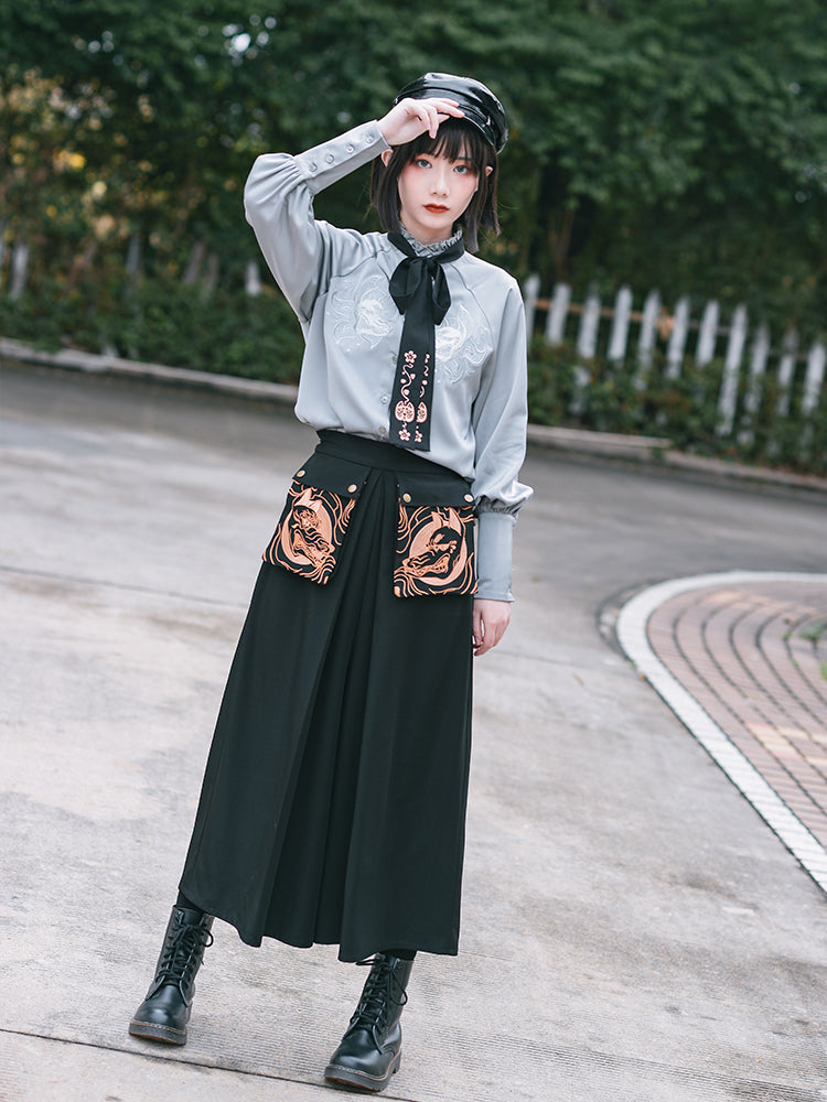 Embroidered Japanese Style Wide Leg Pants Cool And Retro Pants S20858