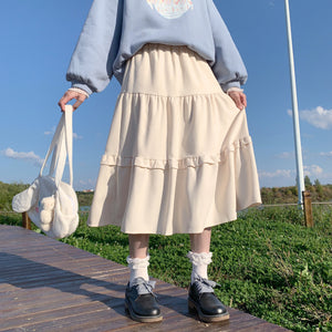 Soft Girl Sweet Corduroy High Waist Wooden Ear Pleated A-line Long Skirt S22054