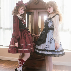 Autumn and Winter Velvet Printed Fake Two-piece Lolita Dress