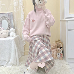 Japanese Style Tweed Soft Girl Plaid Thickened Suede Versatile Long Skirt Longuette
