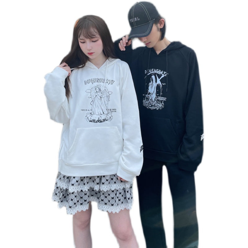 Couple's Cool Black And White Print Shoulder Hoodie