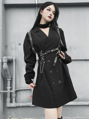 Punk Style Long Sleeve Black Suit Collar Dress