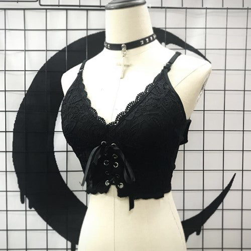 Spring Summer Black Lace Short Girl Lace Braces Lace Up Overbodice