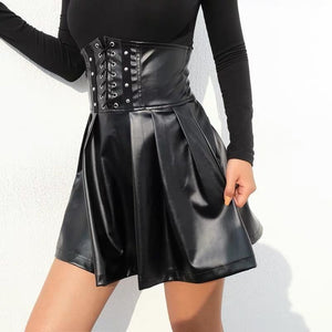 Adjustable Lace Up High Waist Skirt Pu Leather Black Skirt J30001 Dress