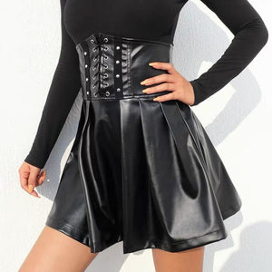 Adjustable Lace Up High Waist Skirt Pu Leather Black Skirt J30001 Dress