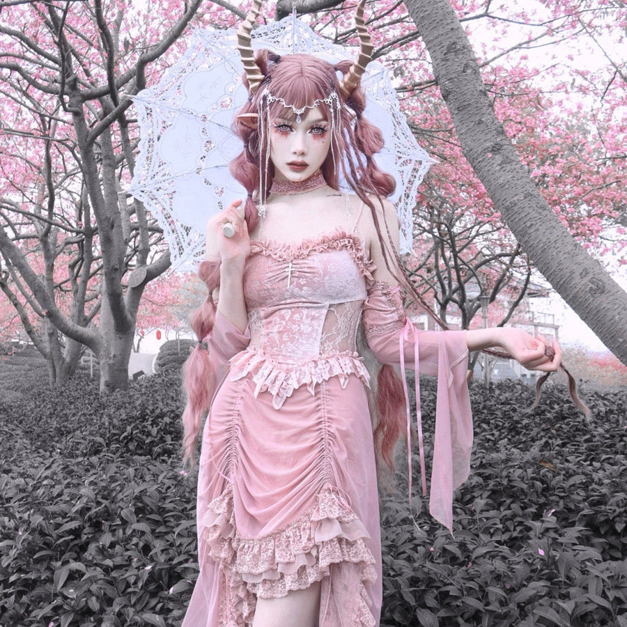Summer Romantic Gothic Velvet Drawstring Pink Lace Suspender Dress - cosfun